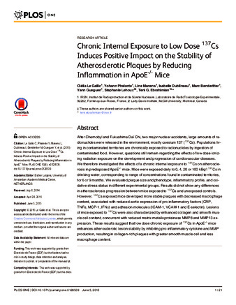 Chronic Internal Exposure to Low Dose ¹³⁷Cs Induces Positive Impact on the Stability of Atherosclerotic Plaques by Reducing Inflammation in ApoE⁻/⁻ Mice thumbnail