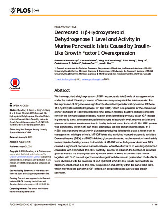 Decreased 11β-Hydroxysteroid Dehydrogenase 1 Level and Activity in Murine Pancreatic Islets Caused by Insulin-Like Growth Factor I Overexpression thumbnail