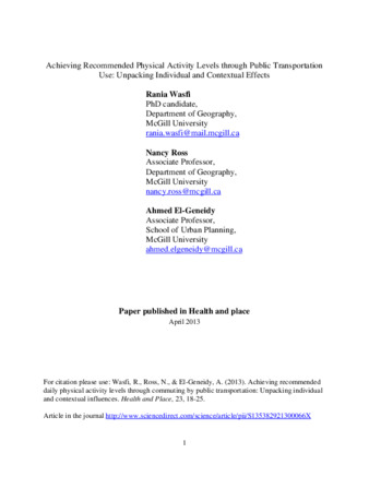 Achieving recommended daily physical activity levels through commuting by public transportation: Unpacking individual and contextual influences thumbnail