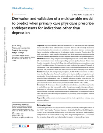 Derivation and validation of a multivariable model to predict when primary care physicians prescribe antidepressants for indications other than depression thumbnail