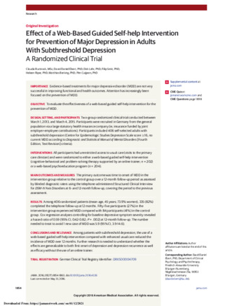 Effect of a Web-Based Guided Self-help Intervention for Prevention of Major Depression in Adults With Subthreshold Depression thumbnail