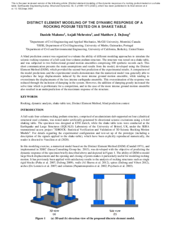 Distinct element modeling of the dynamic response of a rocking podium tested on a shake table.  thumbnail