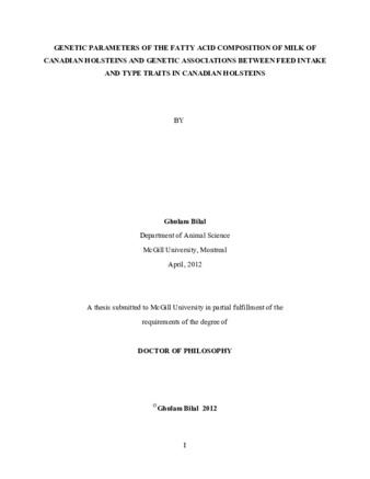 Genetic parameters of the fatty acid composition of milk of Canadian holsteins and genetic associations between feed intake and type traits in Canadian holsteins thumbnail