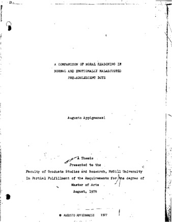 A comparison of moral reasoning in normal and emotionally maladjusted pre-adolescent boys / thumbnail