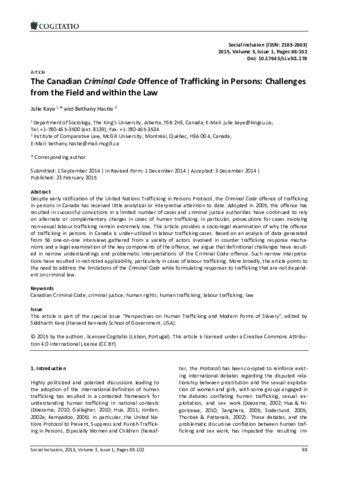 The Canadian criminal code offence of trafficking in persons: challenges from the field and within the law. thumbnail