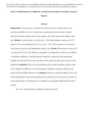 Passive suicidal ideation in childhood: Associated factors based on primary caregiver reports. thumbnail