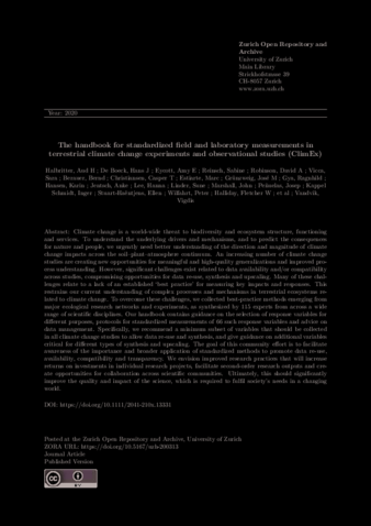 The handbook for standardised field and laboratory measurements in terrestrial climate‐change experiments and observational studies (ClimEx) thumbnail