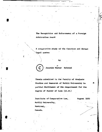 The recognition and enforcement of a foreign arbitration award : a comparative study of the Canadian and German legal system thumbnail