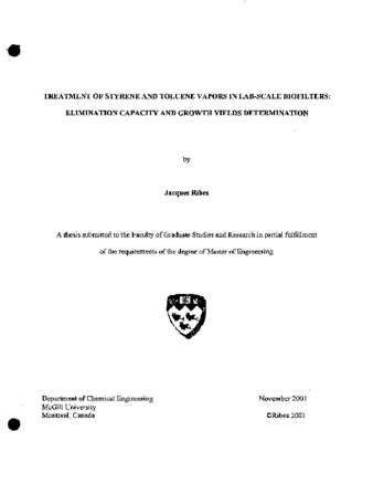 Treatment of styrene and toluene vapors in lab-scale biofilters : elimination capacity and growth yields determination thumbnail