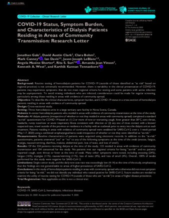 COVID-19 Status, Symptom Burden, and Characteristics of Dialysis Patients Residing in Areas of Community Transmission: Research Letter thumbnail