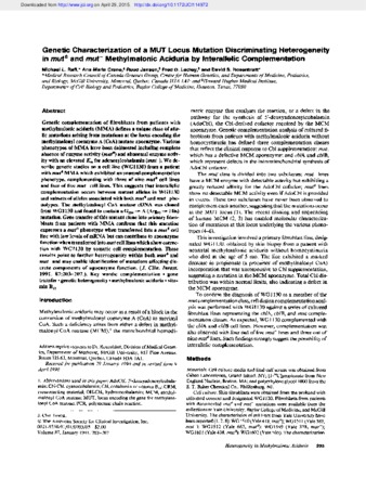 Genetic Characterization of a MUT Locus Mutation Discriminating Heterogeneity in mut0 and mut- Methylmalonic Aciduria by Interallelic Complementation thumbnail