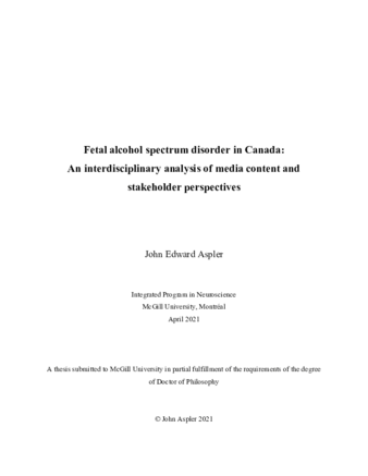 Fetal alcohol spectrum disorder in Canada: An interdisciplinary analysis of media content and stakeholder perspectives thumbnail