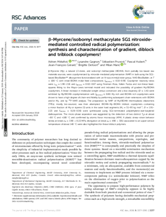 β-Myrcene/isobornyl methacrylate SG1 nitroxide-mediated controlled radical polymerization: synthesis and characterization of gradient, diblock and triblock copolymers thumbnail