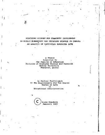 Statutory support for community involvement in public elementary and secondary schools in Canada : an analysis of provincial education acts thumbnail
