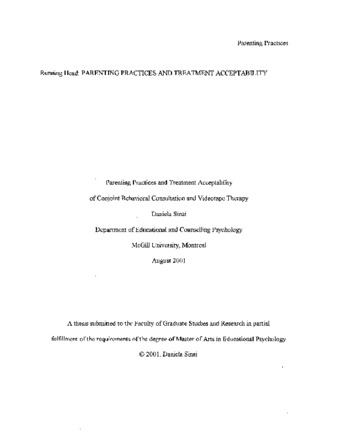 Parenting practices and treatment acceptability of conjoint behavioral consultation and videotape therapy thumbnail