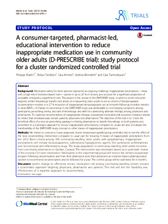 A consumer-targeted, pharmacist-led, educational intervention to reduce inappropriate medication use in community older adults (D-PRESCRIBE trial): study protocol for a cluster randomized controlled trial thumbnail