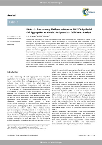 Dielectric spectroscopy platform to measure MCF10A epithelial cell aggregation as a model for spheroidal cell cluster analysis thumbnail