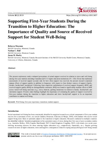 Supporting First-Year Students During the Transition to Higher Education: The Importance of Quality and Source of Received Support for Student Well-Being thumbnail