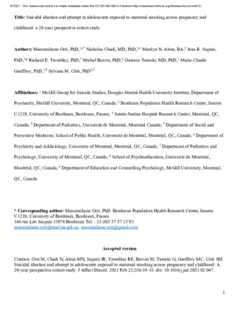 Suicidal ideation and attempt in adolescents exposed to maternal smoking across pregnancy and childhood: A 20-year prospective cohort study thumbnail