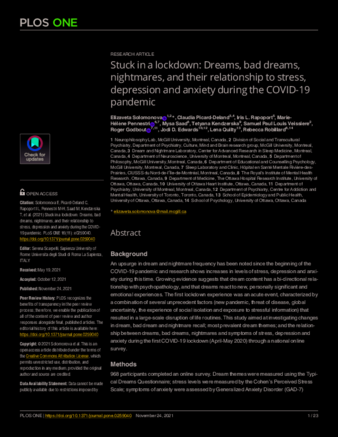 Stuck in a lockdown: Dreams, bad dreams, nightmares, and their relationship to stress, depression and anxiety during the COVID-19 pandemic thumbnail
