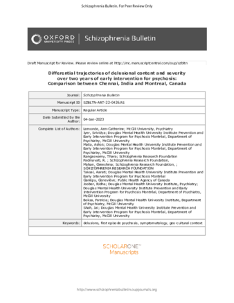 Differential trajectories of delusional content and severity over two years of early intervention for psychosis: Comparison between Chennai, India and Montreal, Canada thumbnail