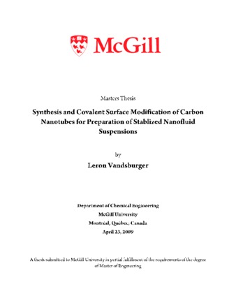 Synthesis and covalent surface modification of carbon nanotubes for preparation of stabilized nanofluid suspensions thumbnail