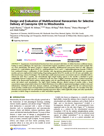 Design and Evaluation of Multifunctional Nanocarriers for Selective Delivery of Coenzyme Q10 to Mitochondria thumbnail