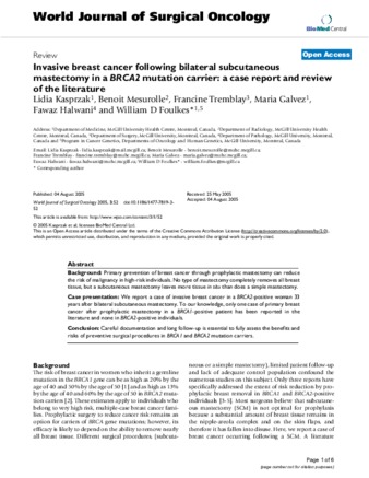 Invasive breast cancer following bilateral subcutaneous mastectomy in a BRCA2 mutation carrier: a case report and review of the literature thumbnail