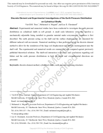 Discrete Element and Experimental Investigations of the Earth Pressure Distribution on Cylindrical Shafts thumbnail