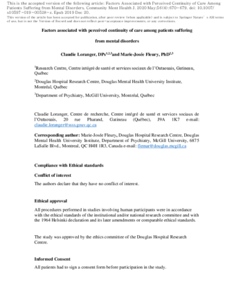 Factors Associated with Perceived Continuity of Care Among Patients Suffering from Mental Disorders thumbnail