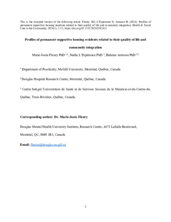 Profiles of Permanent Supportive Housing Residents Related to Their Quality of Life and Community Integration thumbnail