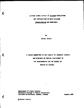 Lettuce stunt : effect of Pythium populations and interactions between Pythium tracheiphilum and nematodes thumbnail
