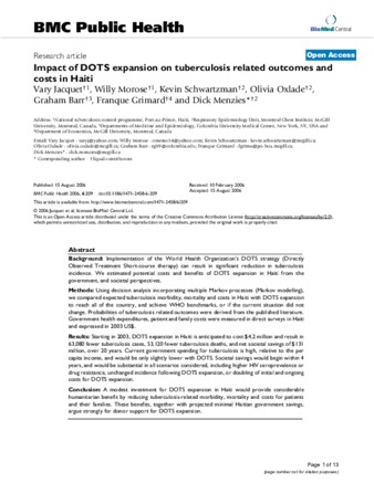 Impact of DOTS expansion on tuberculosis related outcomes and costs in Haiti thumbnail