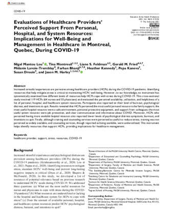 Evaluations of Healthcare Providers’ Perceived Support From Personal, Hospital, and System Resources: Implications for Well-Being and Management in Healthcare in Montreal, Quebec, During COVID-19 thumbnail