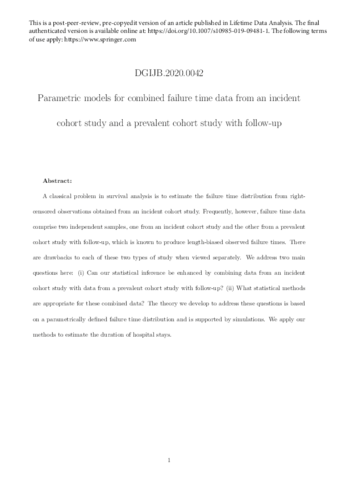 Parametric models for combined failure time data from an incident cohort study and a prevalent cohort study with follow-up thumbnail