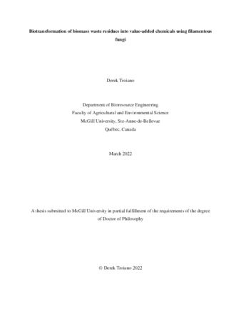 Biotransformation of biomass waste residues into value-added chemicals using filamentous fungi thumbnail