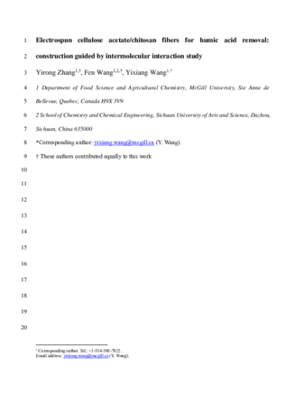 Electrospun Cellulose Acetate/Chitosan Fibers for Humic Acid Removal: Construction Guided by Intermolecular Interaction Study thumbnail