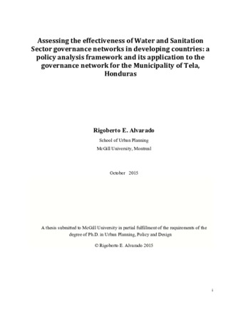 Assessing the effectiveness of water and sanitation sector governance networks in developing countries: a policy analysis framework and its application in the governance network for the municipality of Tela, Honduras thumbnail