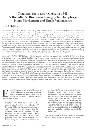 Canadian unity and Quebec in 1942: a roundtable discussion among John Humphrey, Hugh MacLennan and Émile Vaillancourt thumbnail