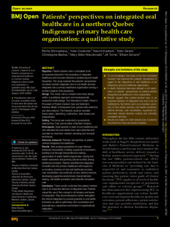 Patients’ perspectives on integrated oral healthcare in a northern Quebec Indigenous primary health care organisation: a qualitative study thumbnail
