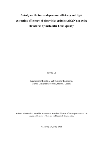 A study on the internal quantum efficiency and light extraction efficiency of ultraviolet-emitting AlGaN nanowire structures by molecular beam epitaxy thumbnail