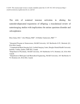 The role of maternal immune activation in altering the neurodevelopmental trajectories of offspring: A translational review of neuroimaging studies with implications for autism spectrum disorder and schizophrenia thumbnail