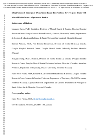 Effectiveness of emergency department based interventions for frequent users with mental health issues: A systematic review thumbnail