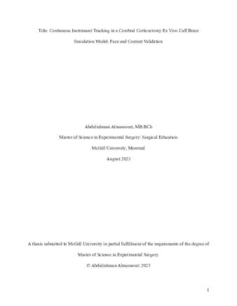 Continuous instrument tracking in a cerebral corticectomy ex vivo calf brain simulation model: Face and content validation thumbnail