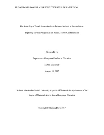 The suitability of French immersion for allophone students in Saskatchewan: Exploring diverse perspectives on access, support, and inclusion thumbnail