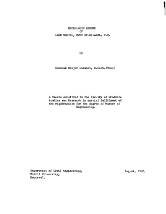 Hydrologic regime of Lake Hertel, Mont St. Hilaire, P. Q. thumbnail