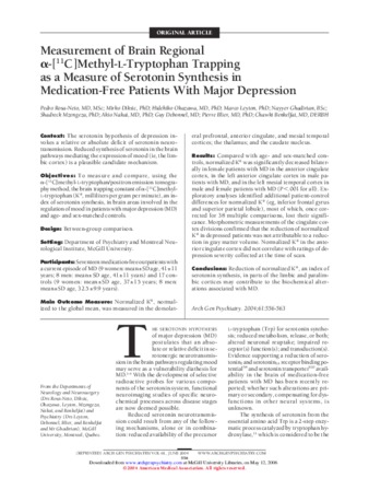 Measurement of brain regional alpha-[11C]methyl-L-tryptophan trapping as a measure of serotonin synthesis in medication-free patients with major depression thumbnail