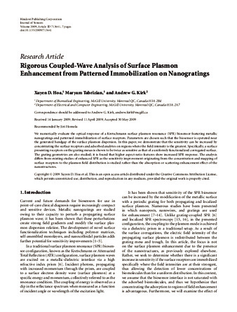 Rigorous Coupled-Wave Analysis of Surface Plasmon Enhancement from Patterned Immobilization on Nanogratings thumbnail