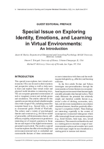 Special Issue on  Exploring Identity, Emotions, and Learning in Virtual Environments: An Introduction thumbnail