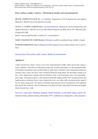 Free surface intake vortices: theoretical model and measurements thumbnail